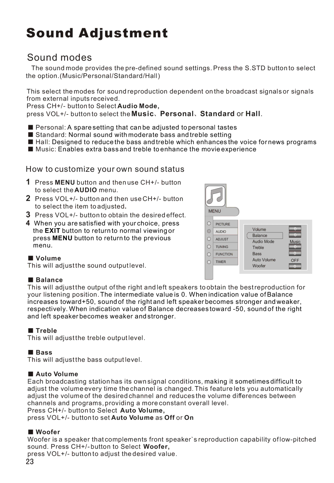 Haier L26A16 owner manual Sound Adjustment, Sound modes 