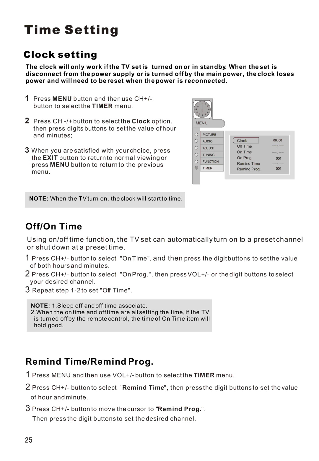 Haier L26A16 owner manual Time Setting, Clock setting, Off/On Time, Remind Time/Remind Prog 