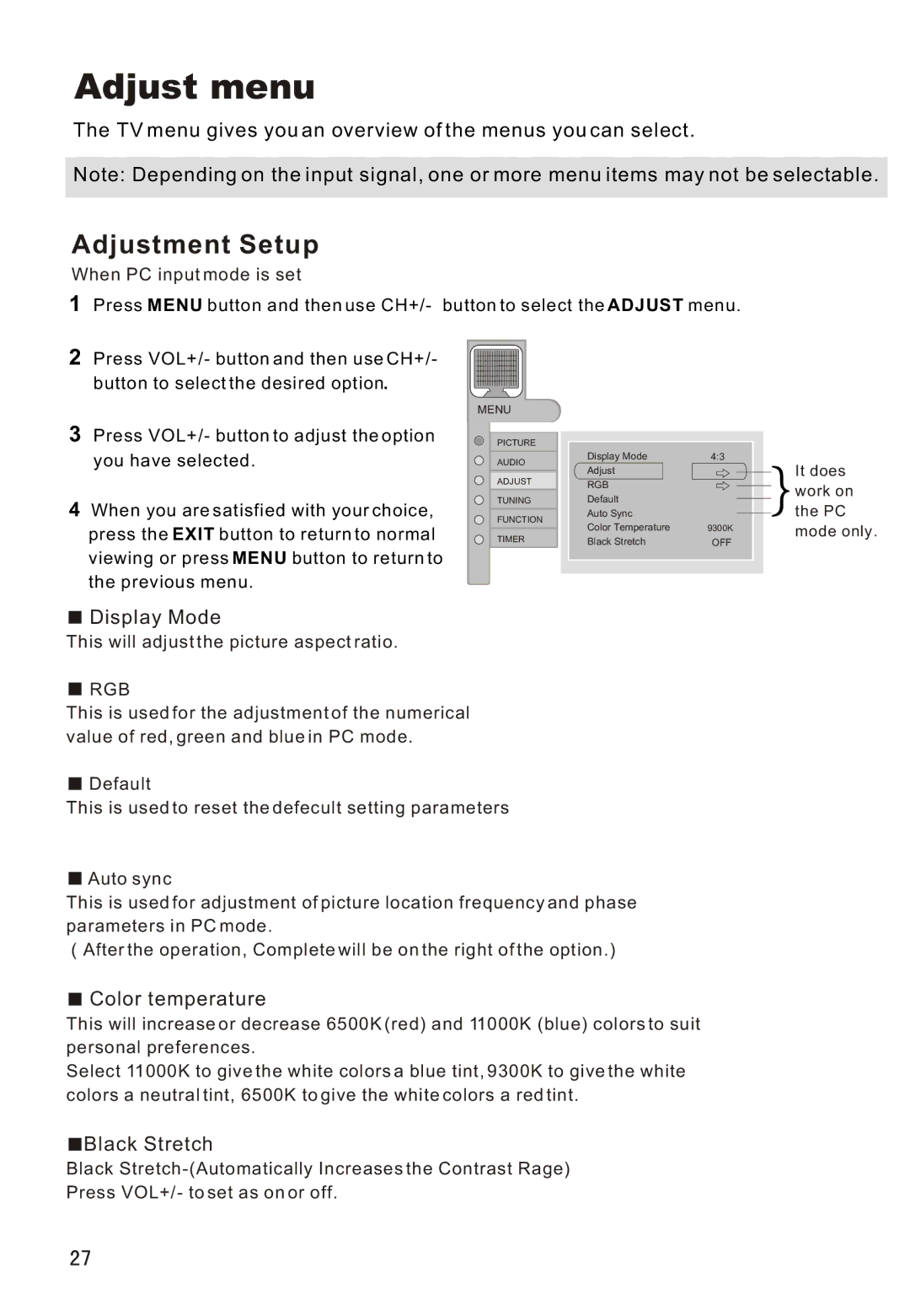 Haier L26A16 owner manual Adjust menu, Adjustment Setup 