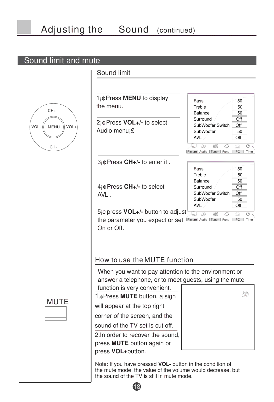 Haier L26A9-AK owner manual Sound limit and mute, How to use the Mute function 