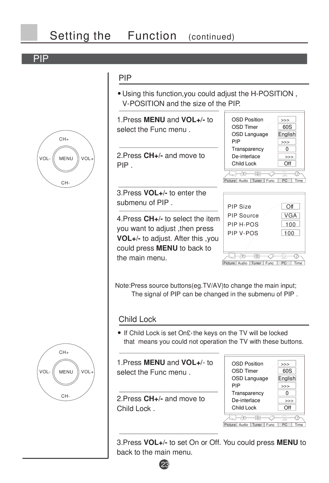 Haier L26A9-AK owner manual Child Lock, Press VOL+/- to enter the submenu of PIP, Main menu 