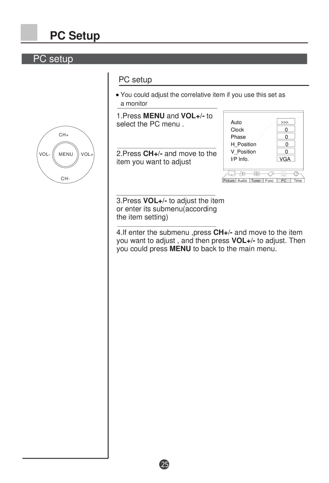 Haier L26A9-AK owner manual PC Setup, PC setup, Select the PC menu, Item you want to adjust 