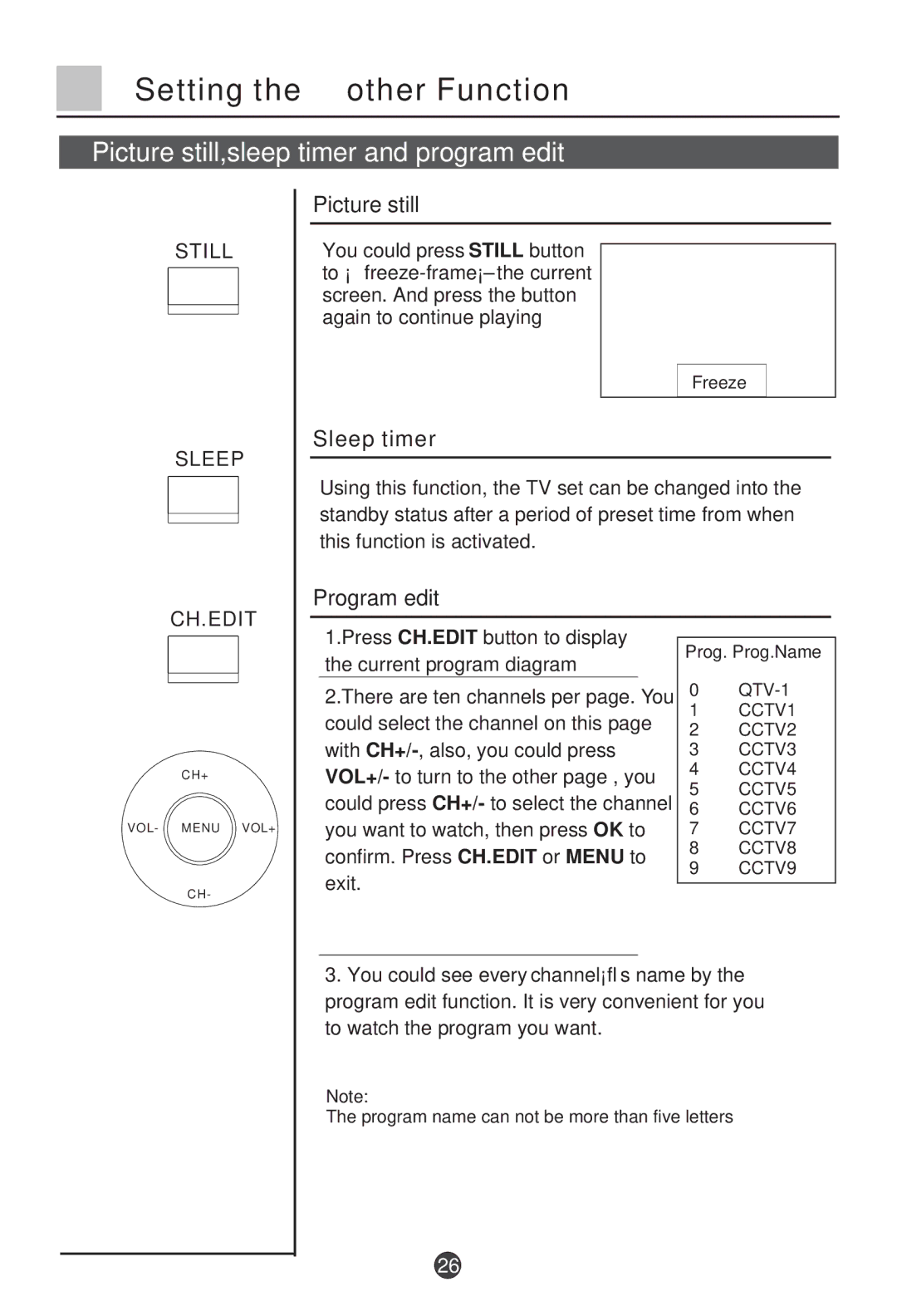 Haier L26A9-AK Setting the other Function, Picture still,sleep timer and program edit, Sleep timer, Program edit 