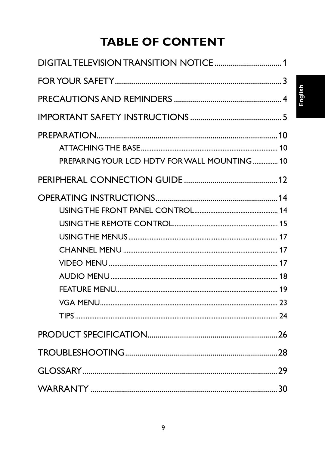 Haier L31C1180 owner manual Table of Content 