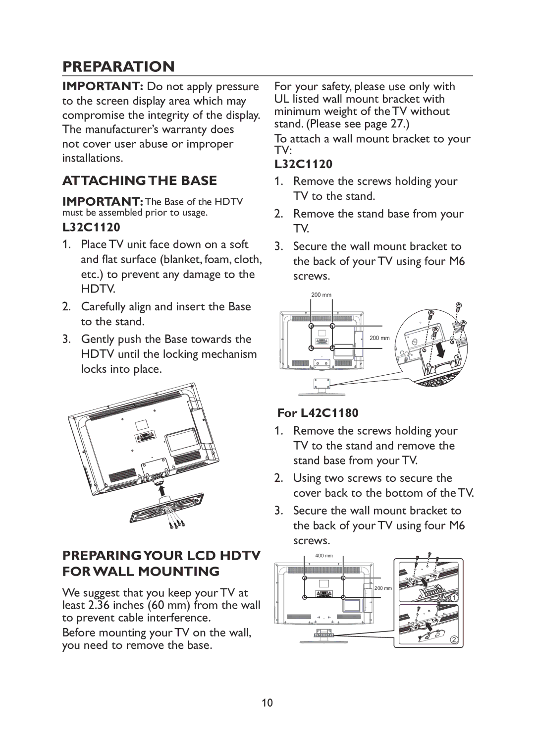 Haier L31C1180 Preparation, Attaching the Base, Preparingyour LCD Hdtv for Wall Mounting, L32C1120, For L42C1180 