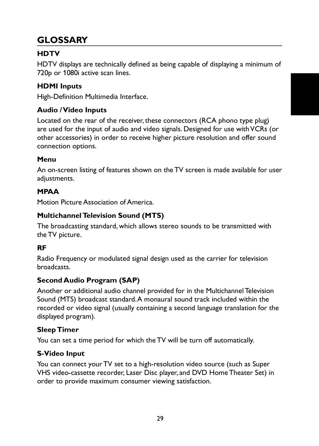 Haier L31C1180 owner manual Glossary 