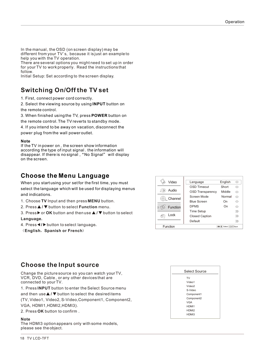 Haier L3248 owner manual Switching On/Off the TV set, Choose the Menu Language, Choose the Input source 