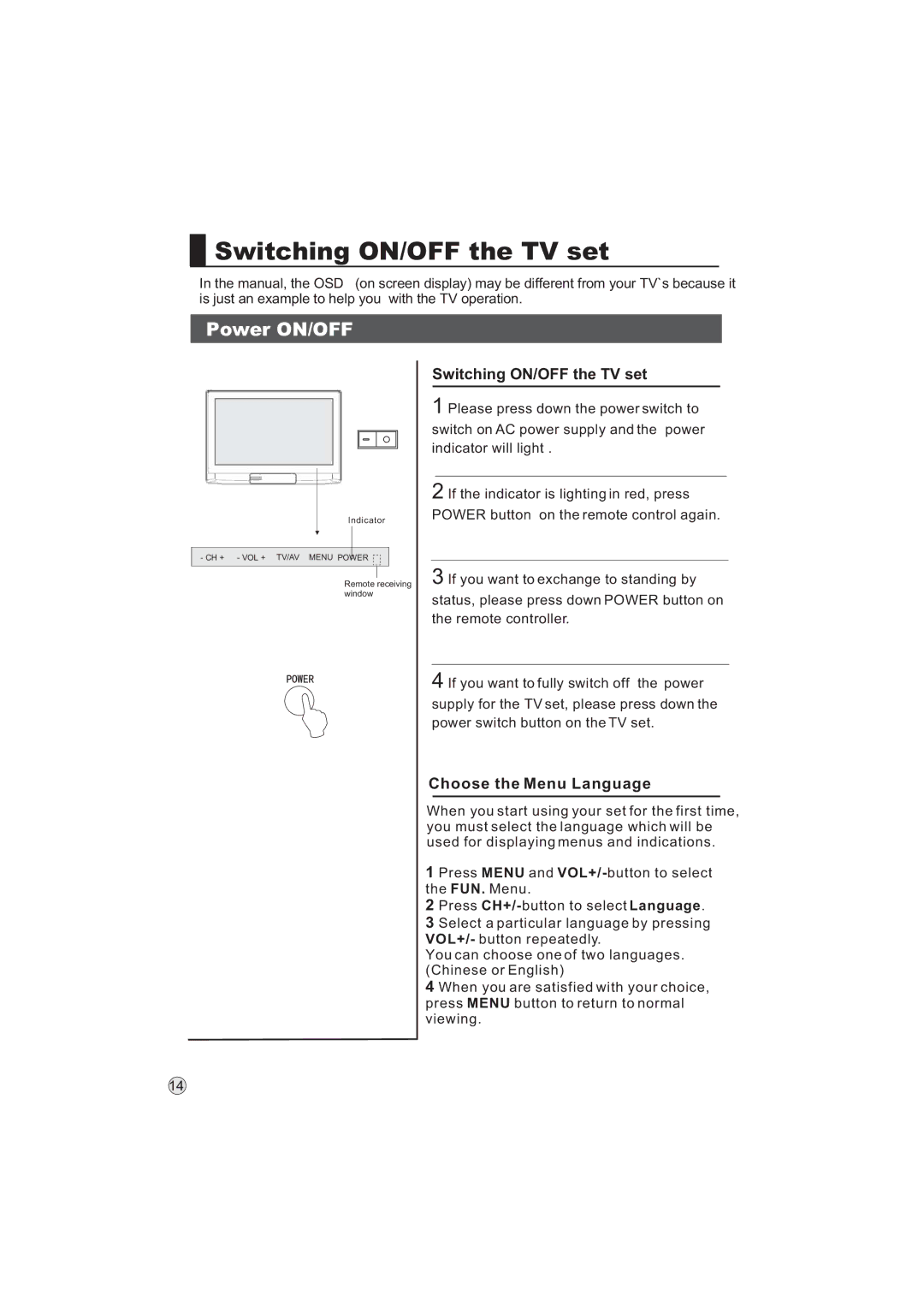 Haier L32A9 -AK, L32A9-AKF manual Switching ON/OFF the TV set, Power ON/OFF, Choose the Menu Language 