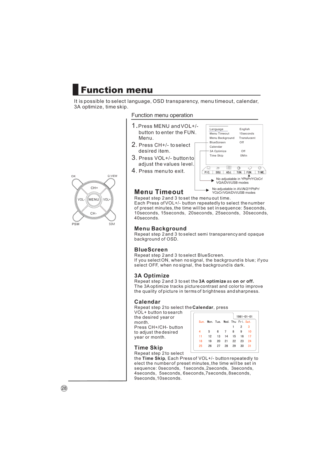 Haier L32A9 -AK, L32A9-AKF manual Function menu, Menu Timeout 