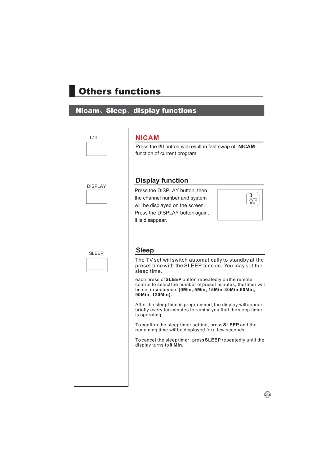 Haier L32A9-AKF, L32A9 -AK manual Others functions, Nicam Sleep display functions, Display function 