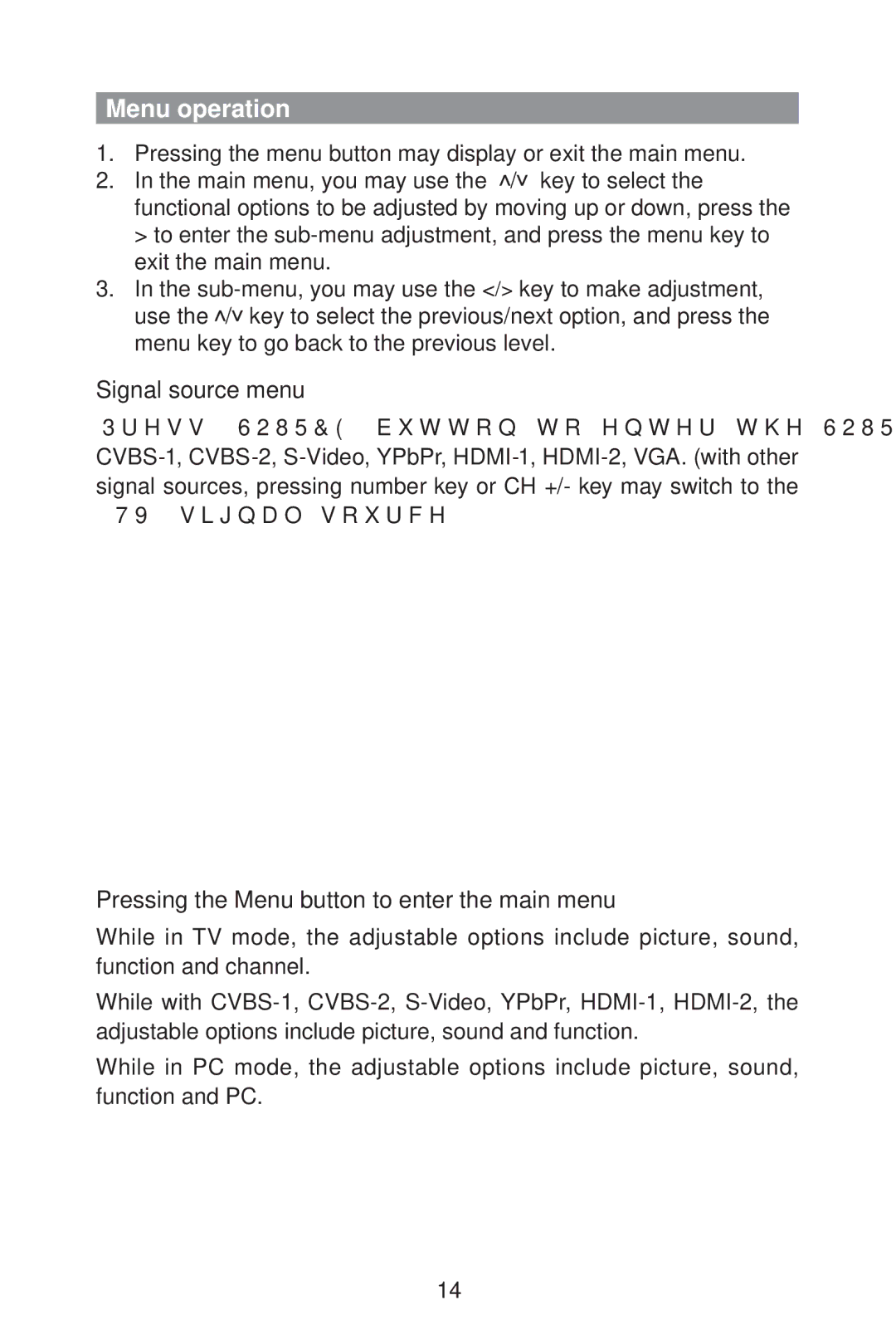 Haier L32A9 owner manual Menu operation, Signal source menu, Pressing the Menu button to enter the main menu 