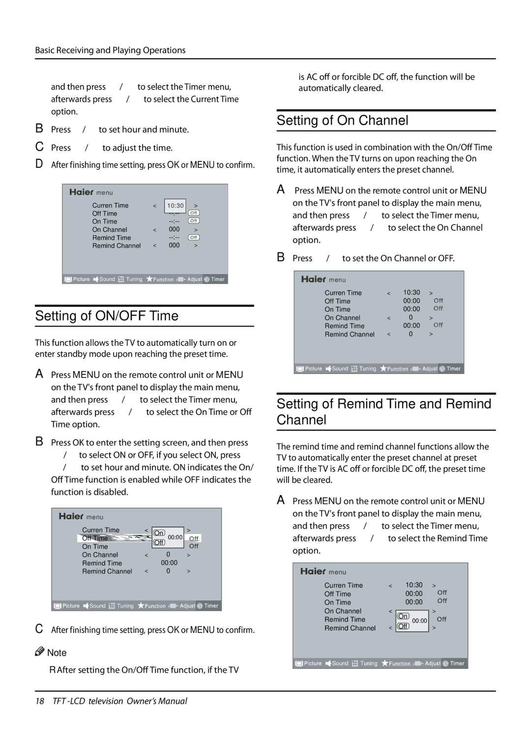 Haier L32K3 owner manual Setting of ON/OFF Time, Setting of On Channel, Setting of Remind Time and Remind Channel 