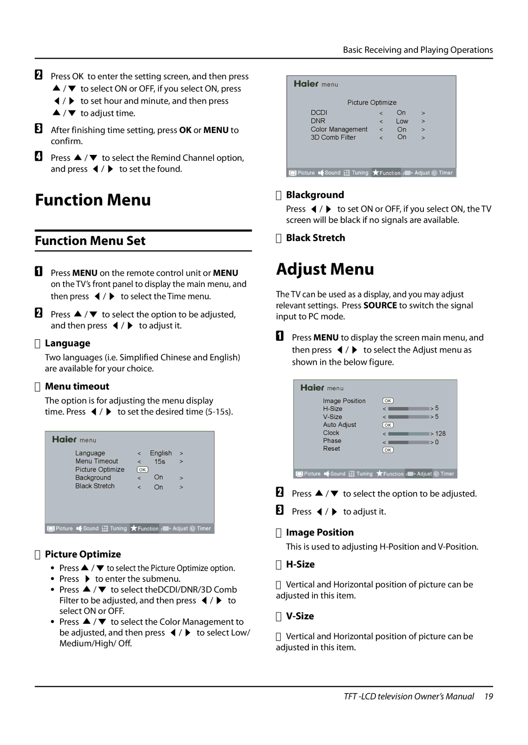 Haier L32K3 owner manual Adjust Menu, Function Menu Set 