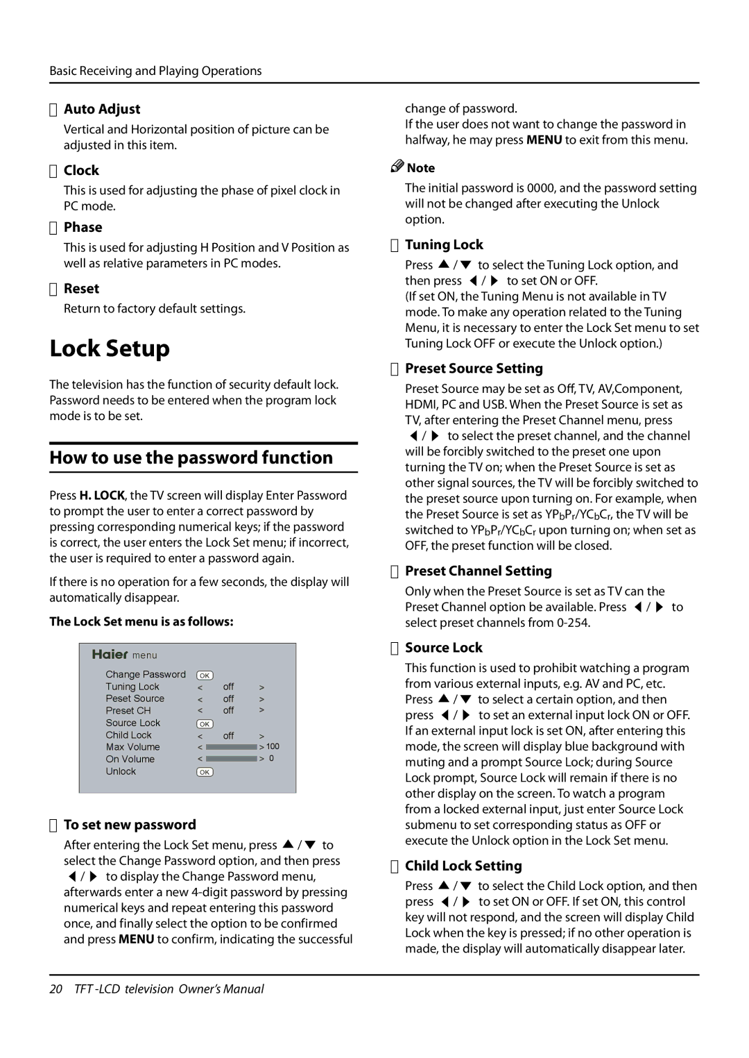 Haier L32K3 owner manual Lock Setup, How to use the password function 