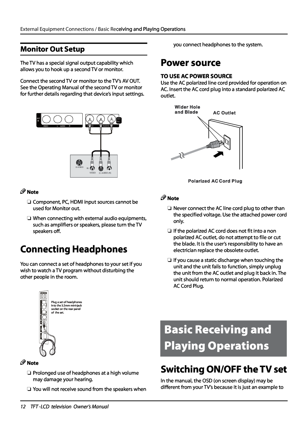 Haier L32K3 owner manual Connecting Headphones, Power source, Switching ON/OFF the TV set, Monitor Out Setup 