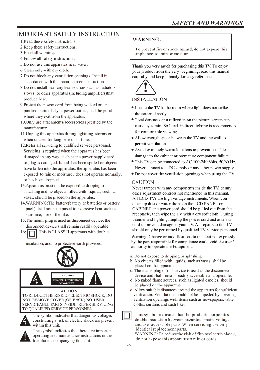 Haier L32M3F owner manual Important Safety Instruction, Safety and Warnings 