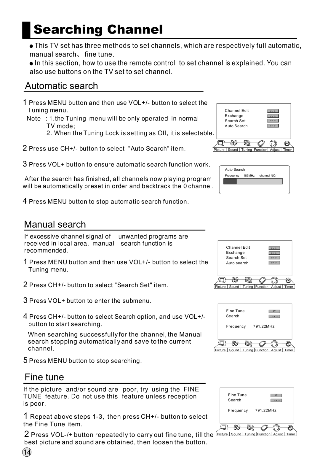 Haier L32R1, L40R1, L42R1 owner manual Searching Channel, Automatic search, Manual search, Fine tune, Fine Tune item 