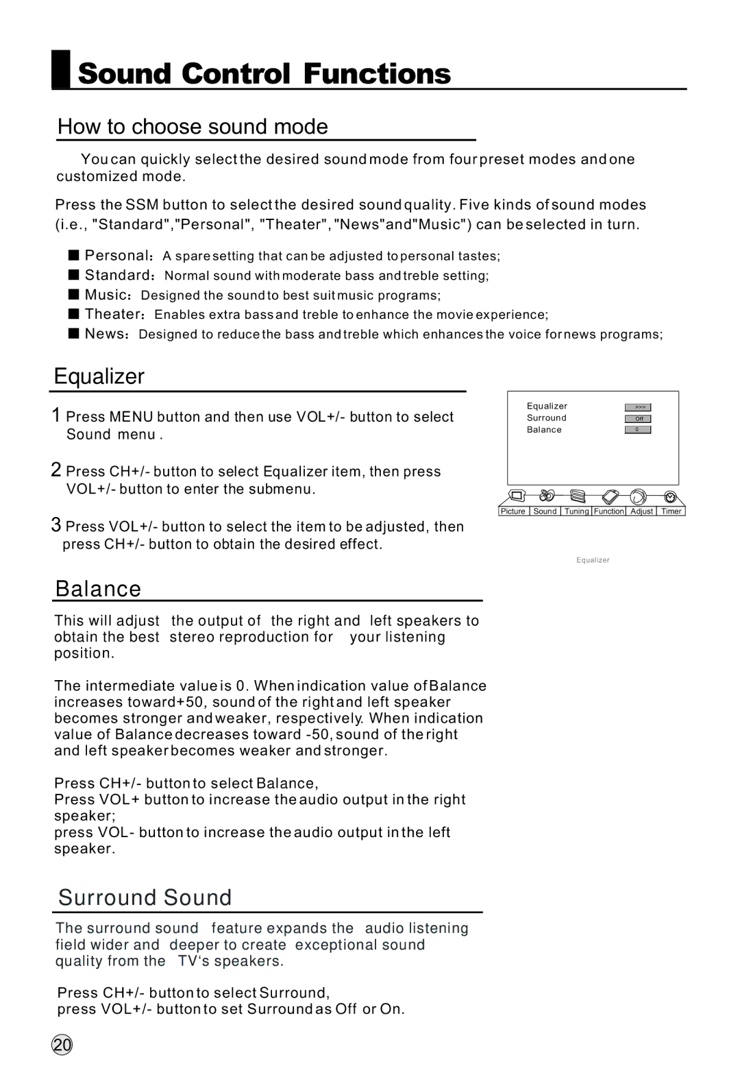 Haier L32R1, L40R1, L42R1 Sound Control Functions, How to choose sound mode, Equalizer, Balance, Surround Sound 
