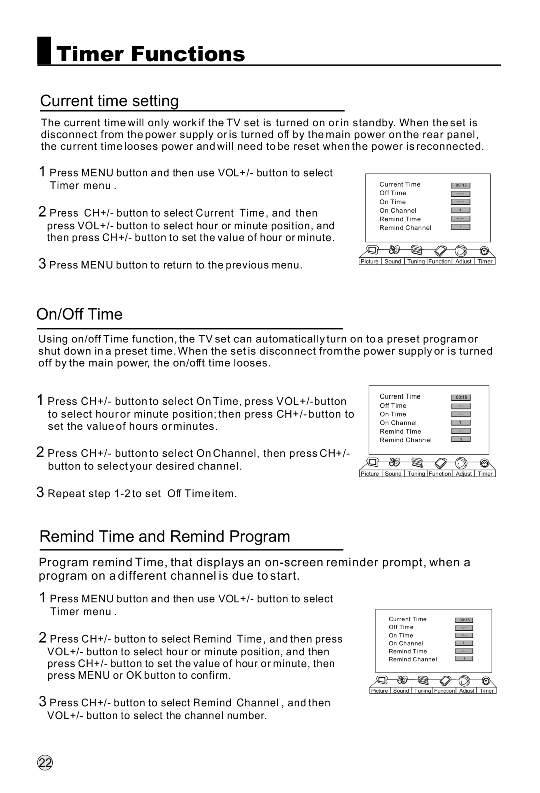 Haier L32R1, L40R1, L42R1 owner manual Timer Functions, Current time setting, On/Off Time, Remind Time and Remind Program 