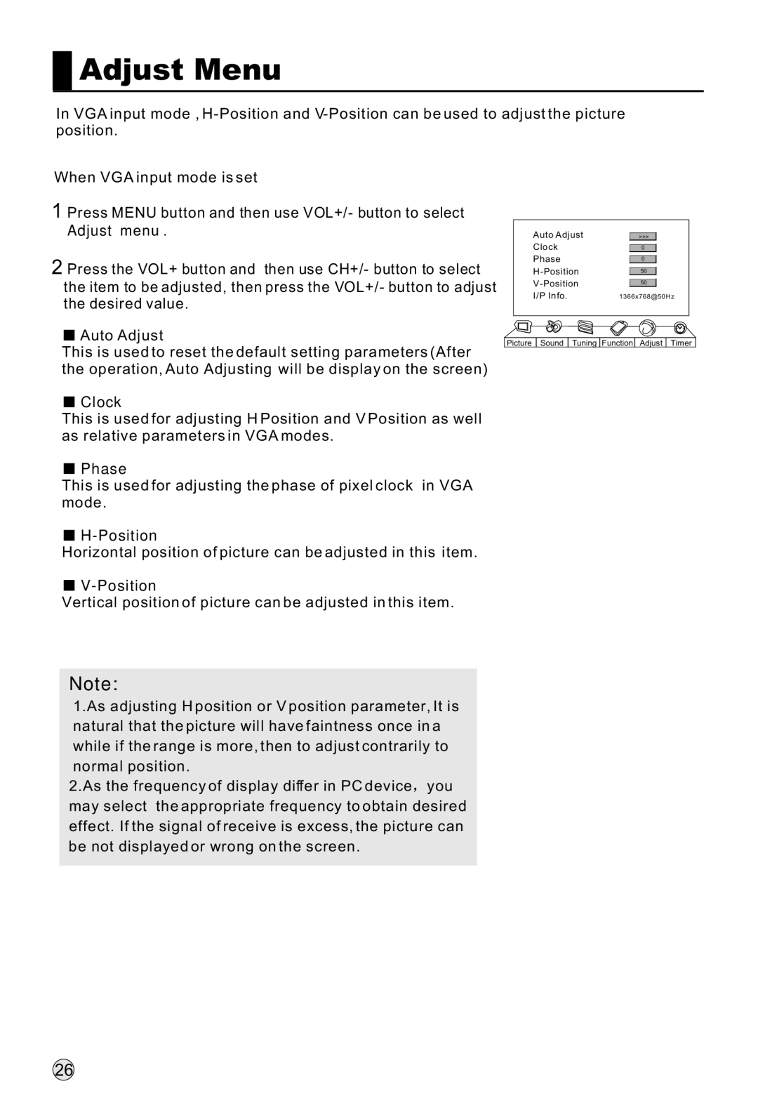 Haier L32R1, L40R1, L42R1 owner manual Adjust Menu, Adjust menu, Clock, Phase, Position 