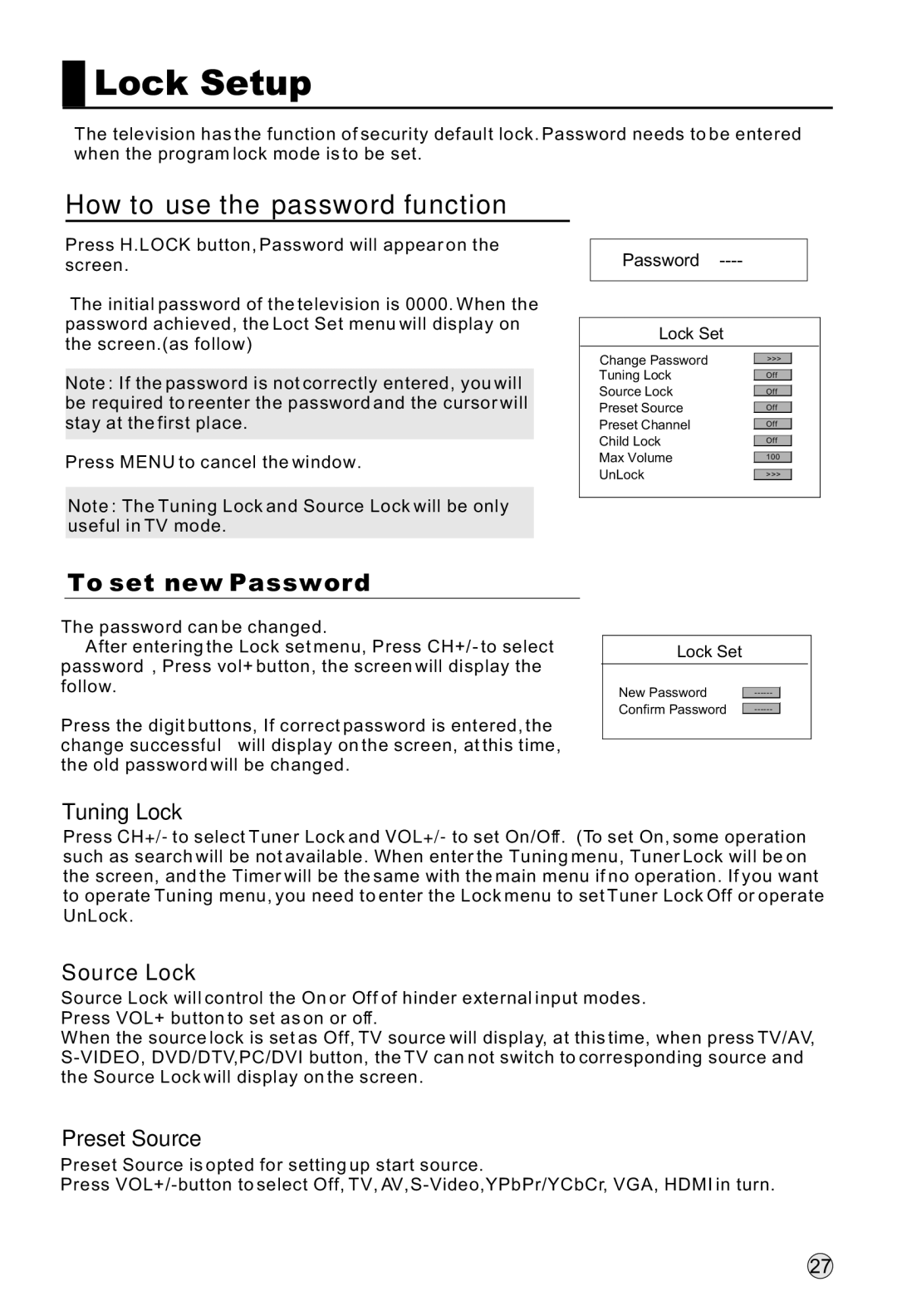 Haier L32R1, L40R1, L42R1 Lock Setup, How to use the password function, Tuning Lock, Source Lock, Preset Source 