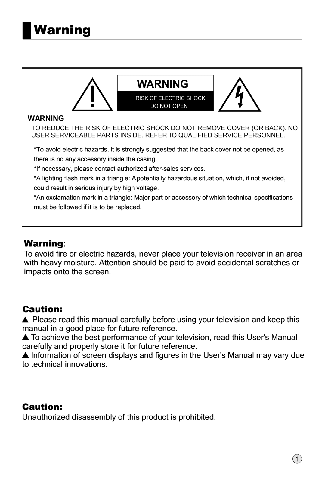 Haier L32R1, L40R1, L42R1 owner manual Risk of Electric Shock Do not Open 