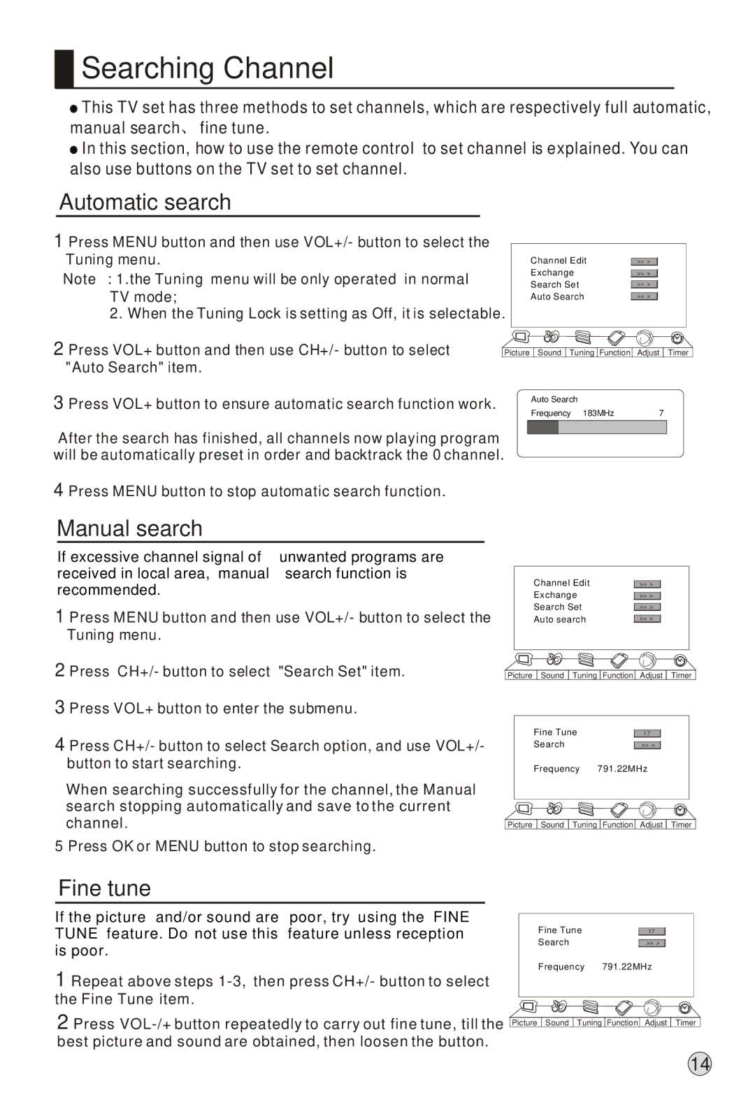 Haier L37A9-AK owner manual Searching Channel, Automatic search, Manual search, Fine tune, Fine Tune item 