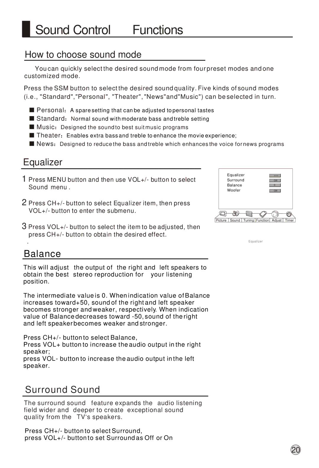 Haier L37A9-AK owner manual Sound Control Functions, How to choose sound mode, Equalizer 