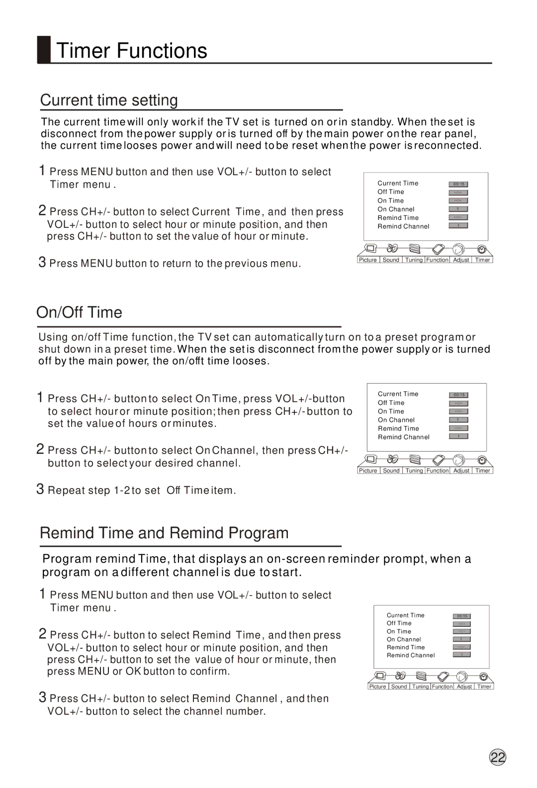 Haier L37A9-AK owner manual Current time setting, On/Off Time, Remind Time and Remind Program 