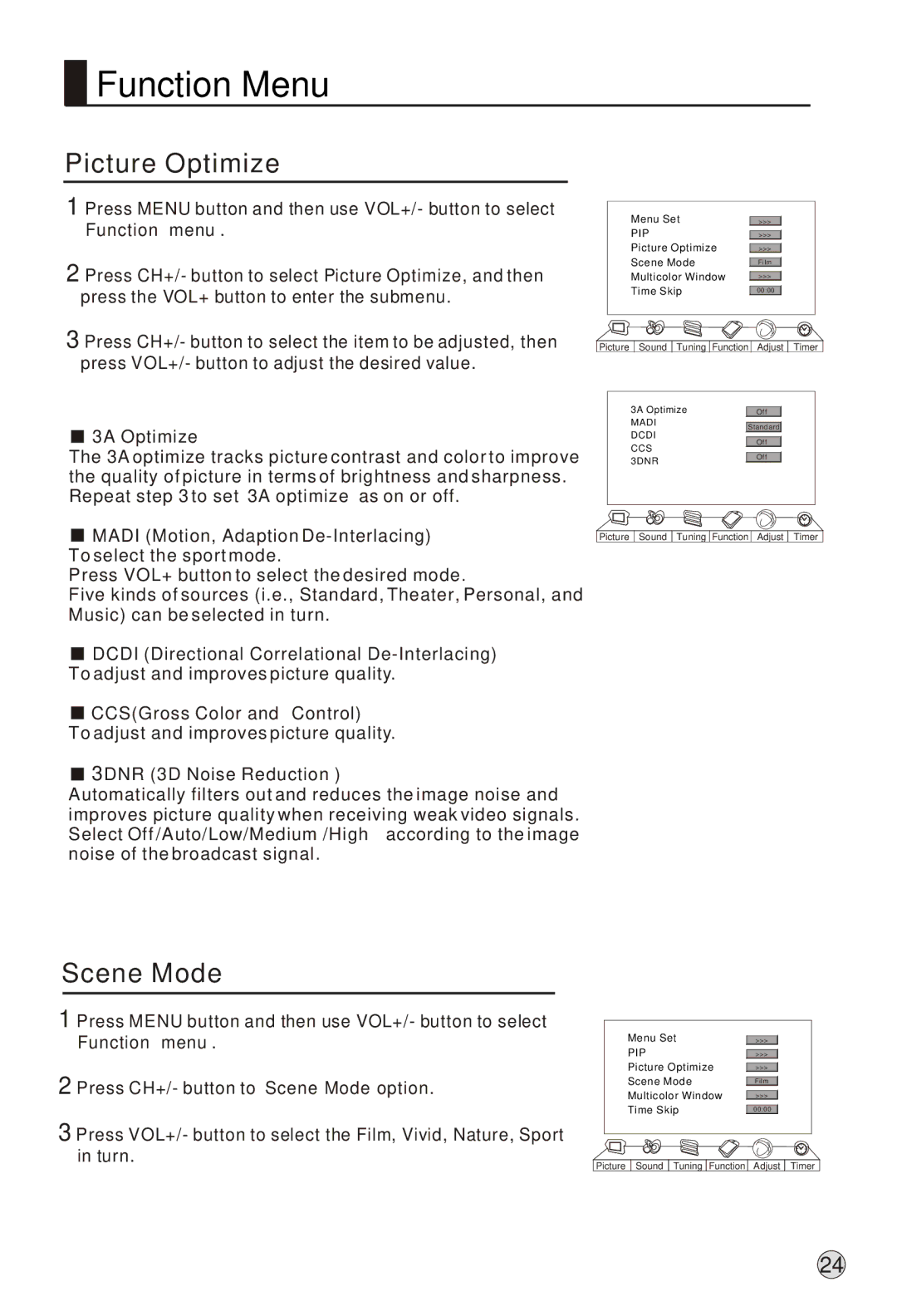 Haier L37A9-AK owner manual Picture Optimize, Scene Mode, 3A Optimize, CCSGross Color and Control, 3DNR 3D Noise Reduction 