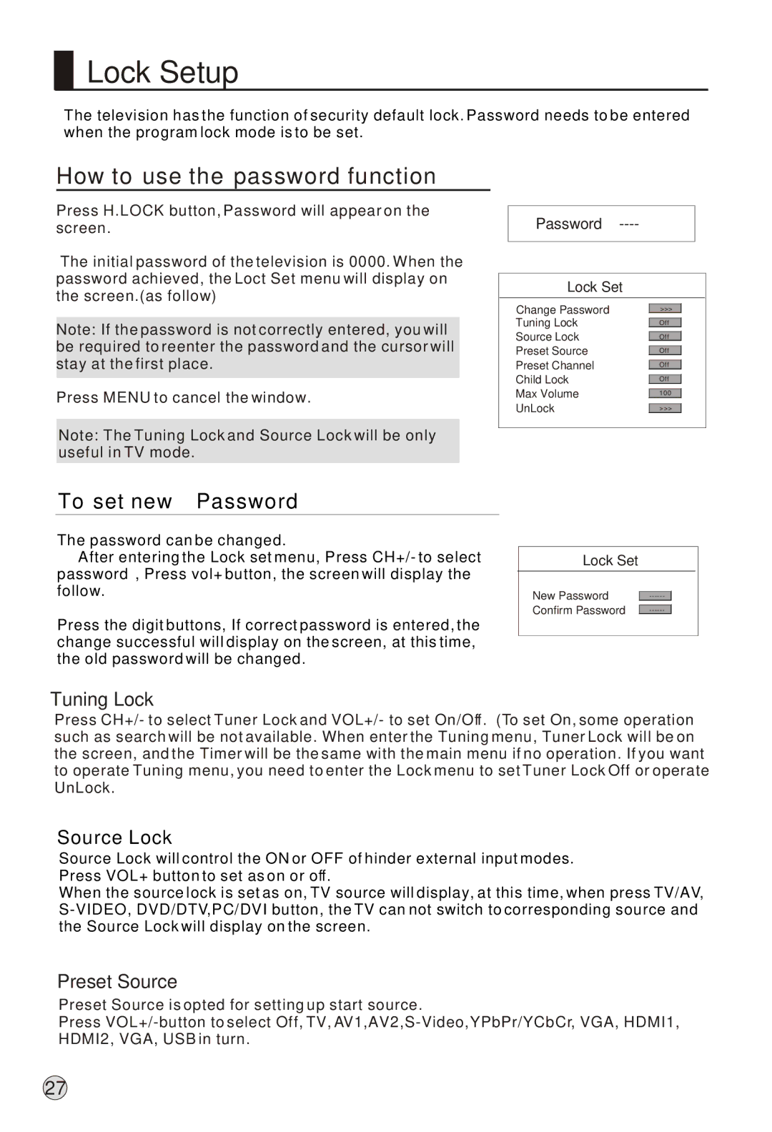 Haier L37A9-AK owner manual Lock Setup, How to use the password function, Tuning Lock, Source Lock, Preset Source 