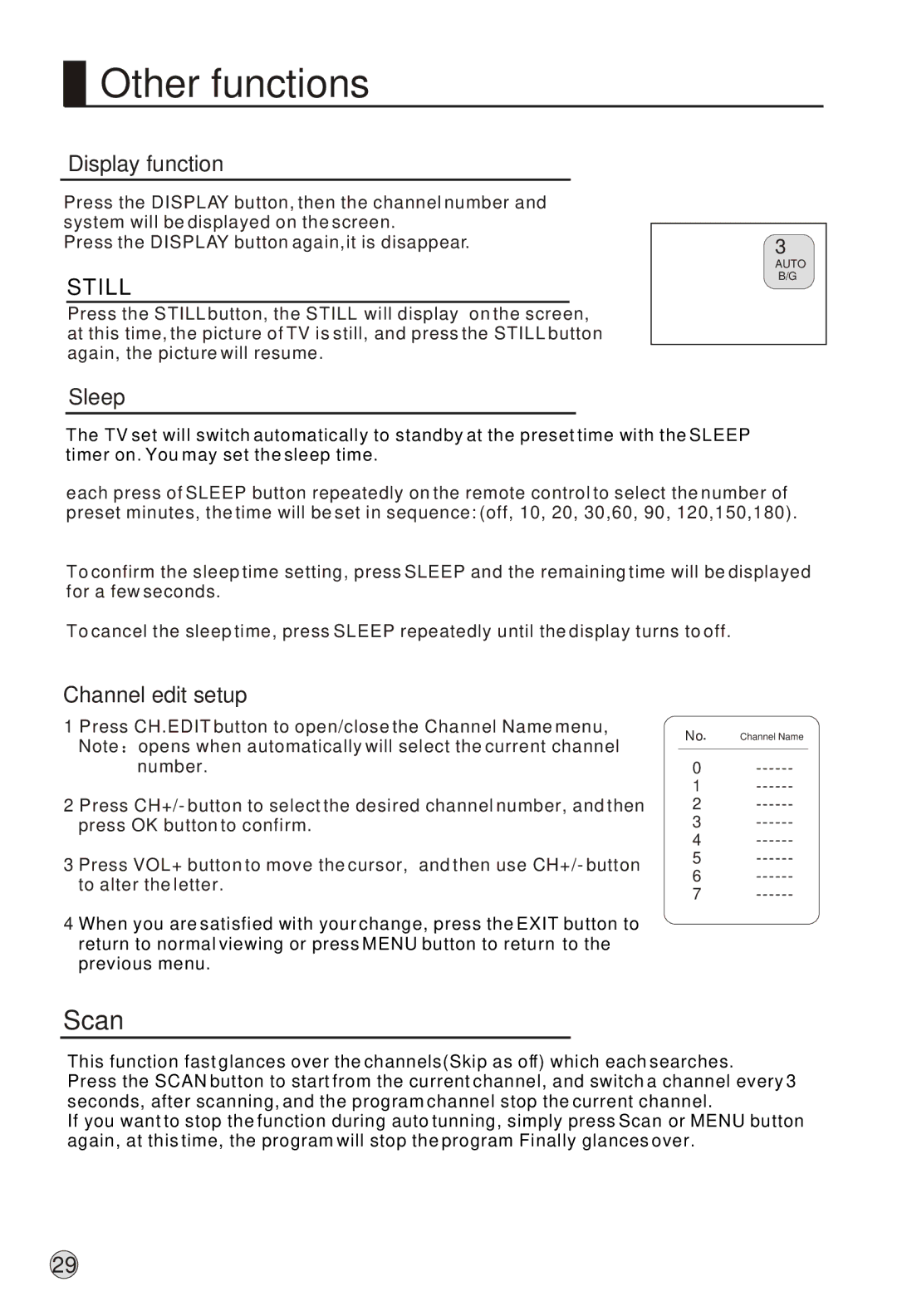 Haier L37A9-AK owner manual Scan, Display function, Sleep, Channel edit setup 