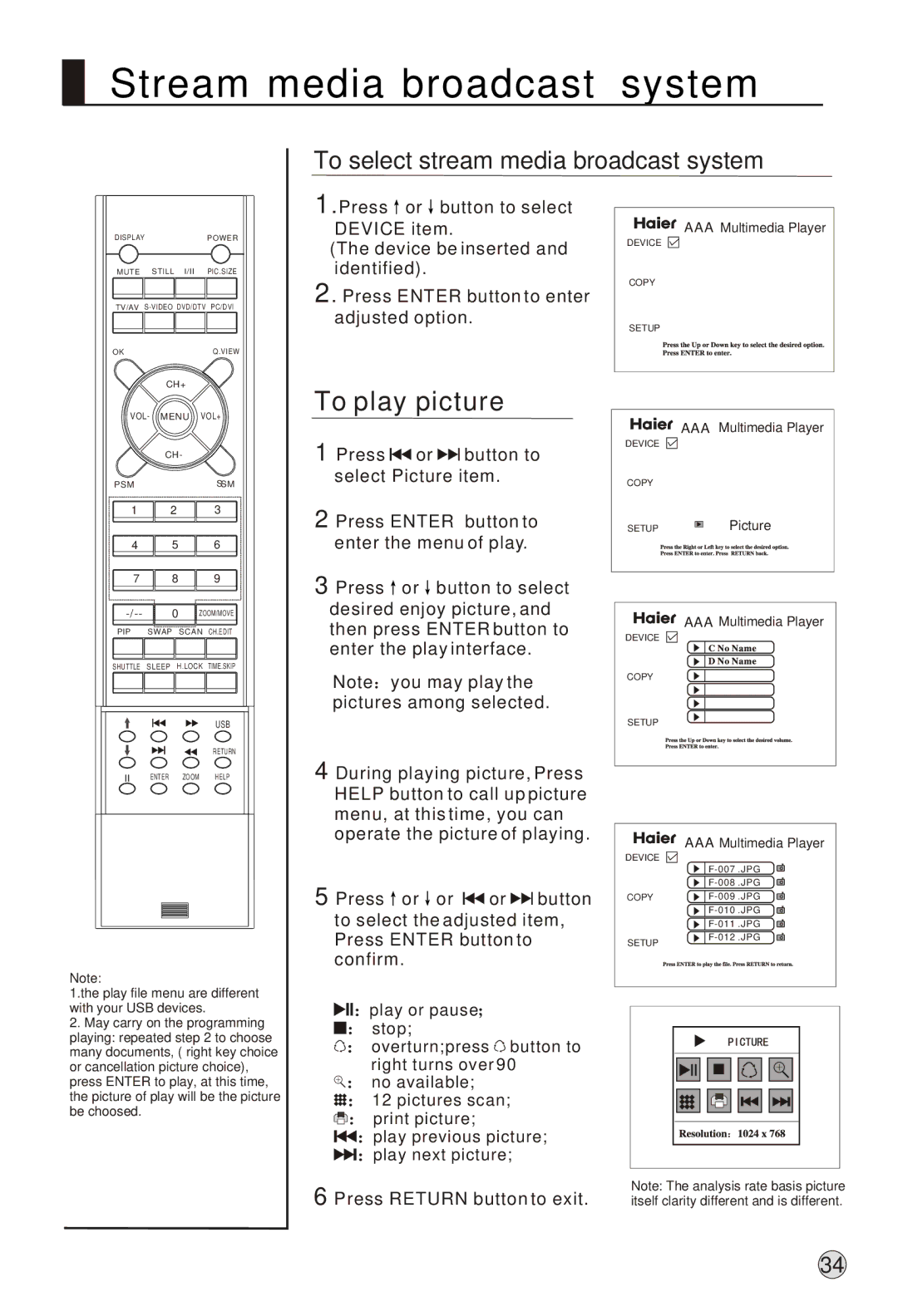 Haier L37A9-AK owner manual To play picture, To select stream media broadcast system 