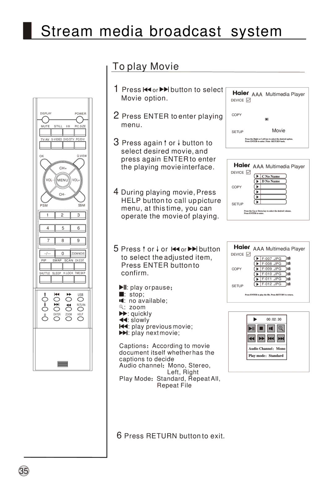 Haier L37A9-AK owner manual To play Movie 