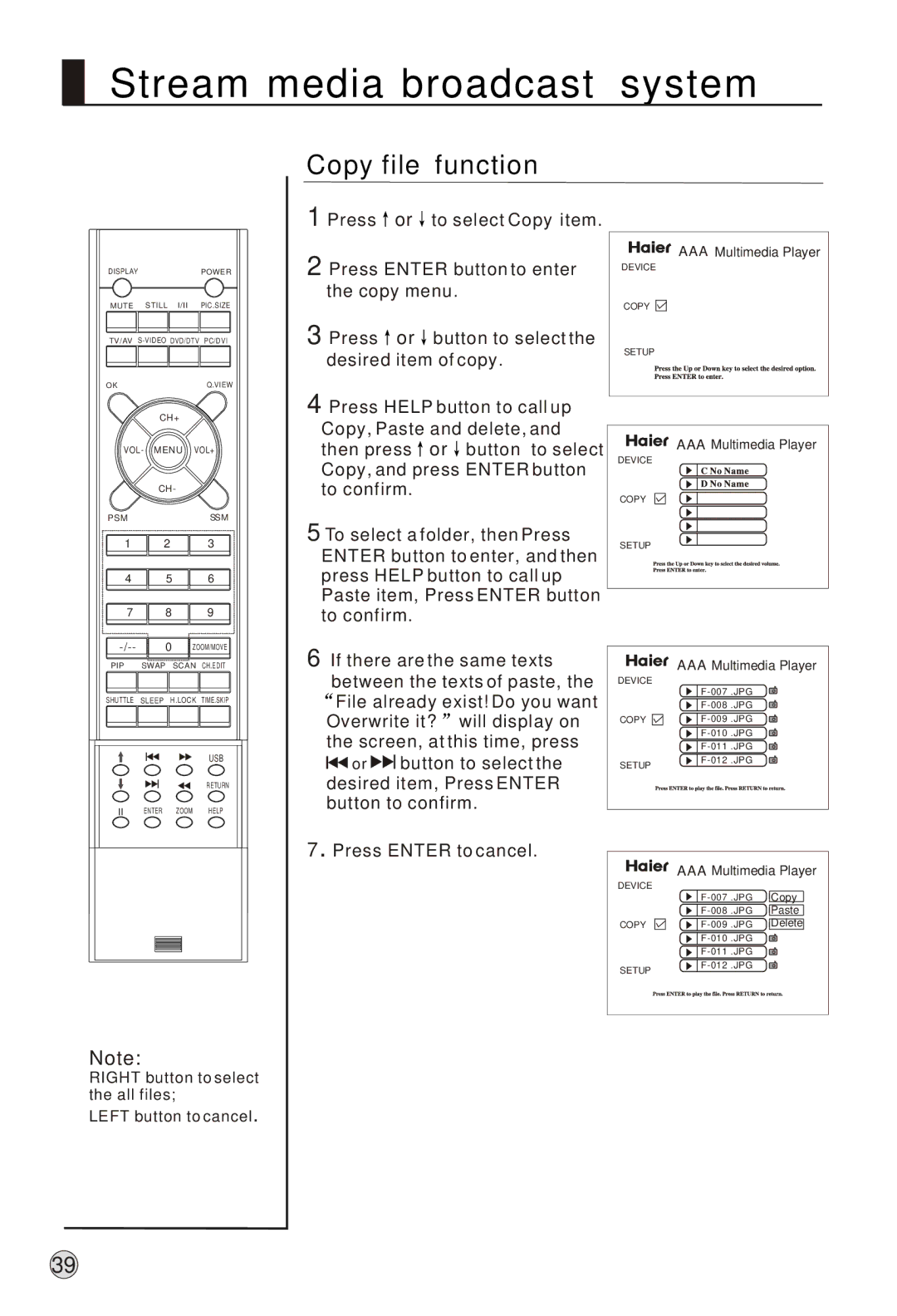 Haier L37A9-AK owner manual Copy file function 