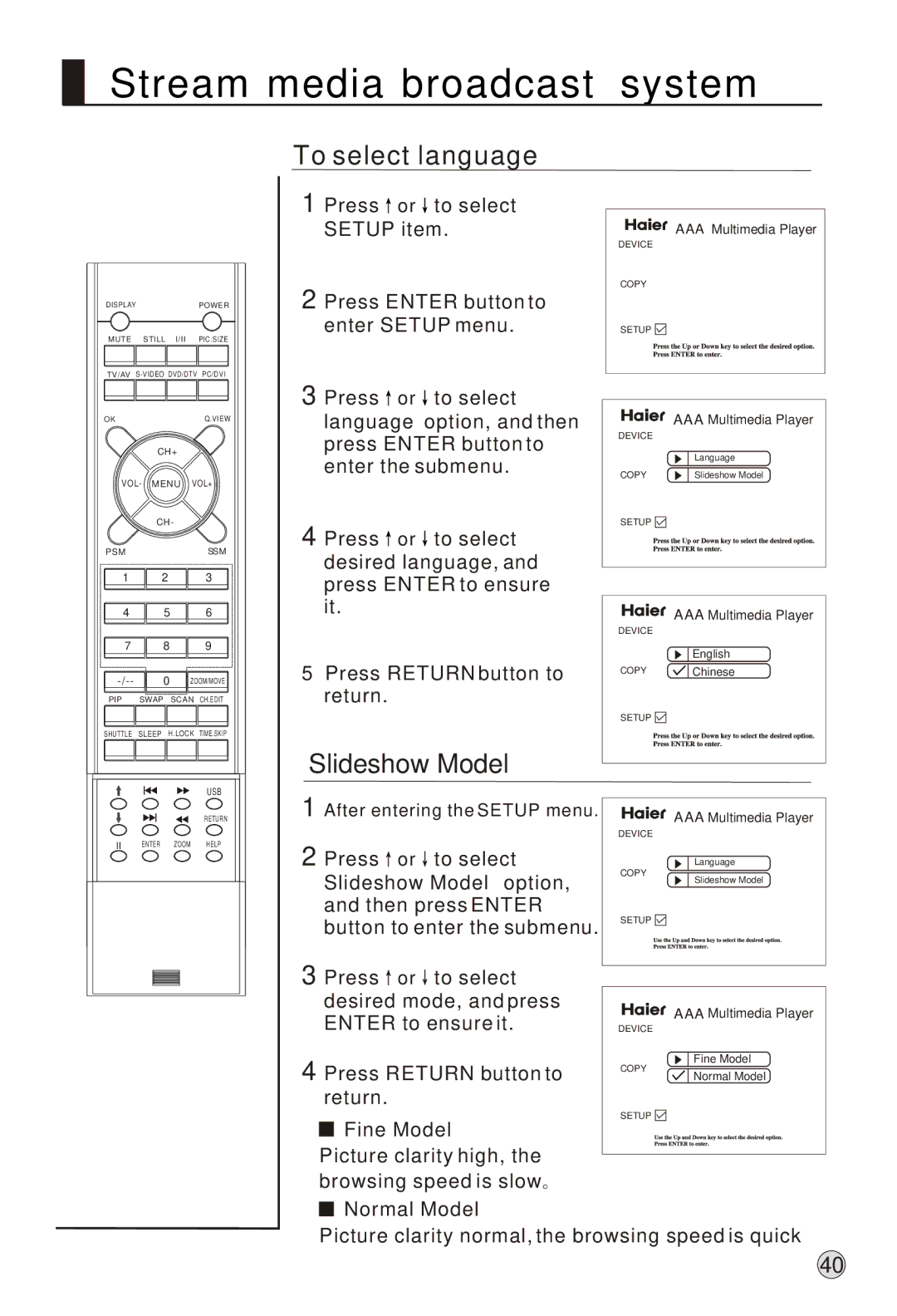 Haier L37A9-AK owner manual To select language, Slideshow Model 