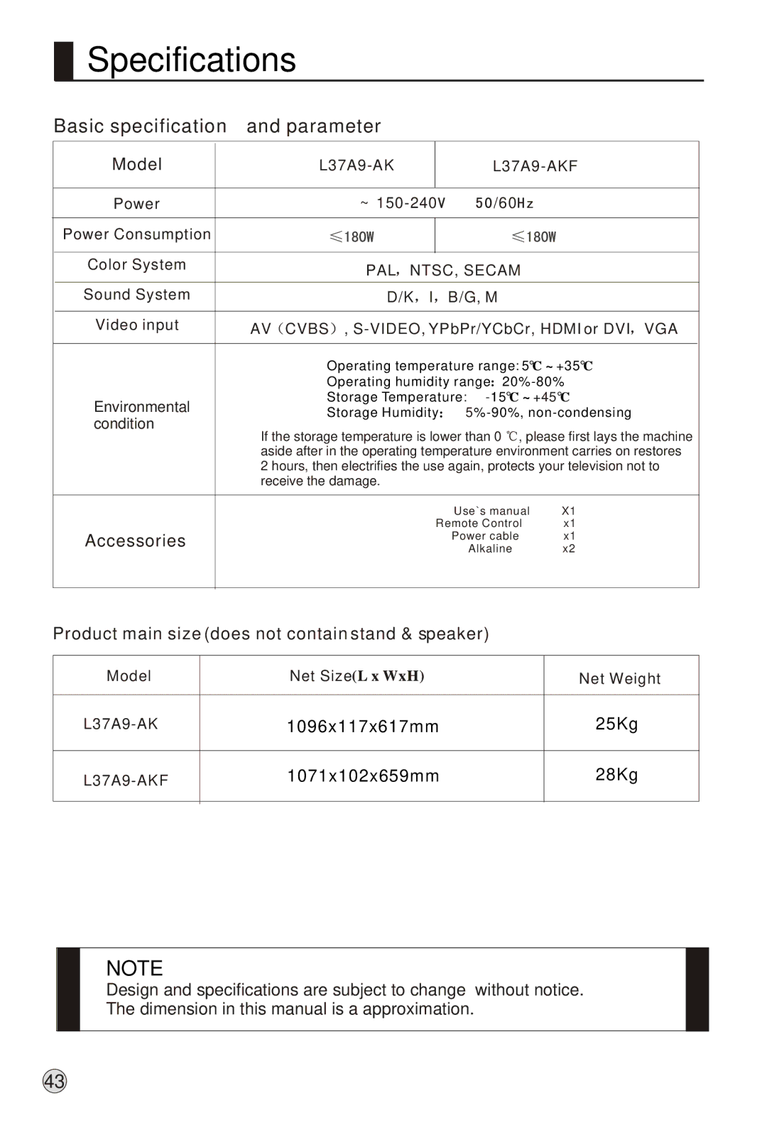 Haier L37A9-AK owner manual Specifications, Basic specification and parameter 