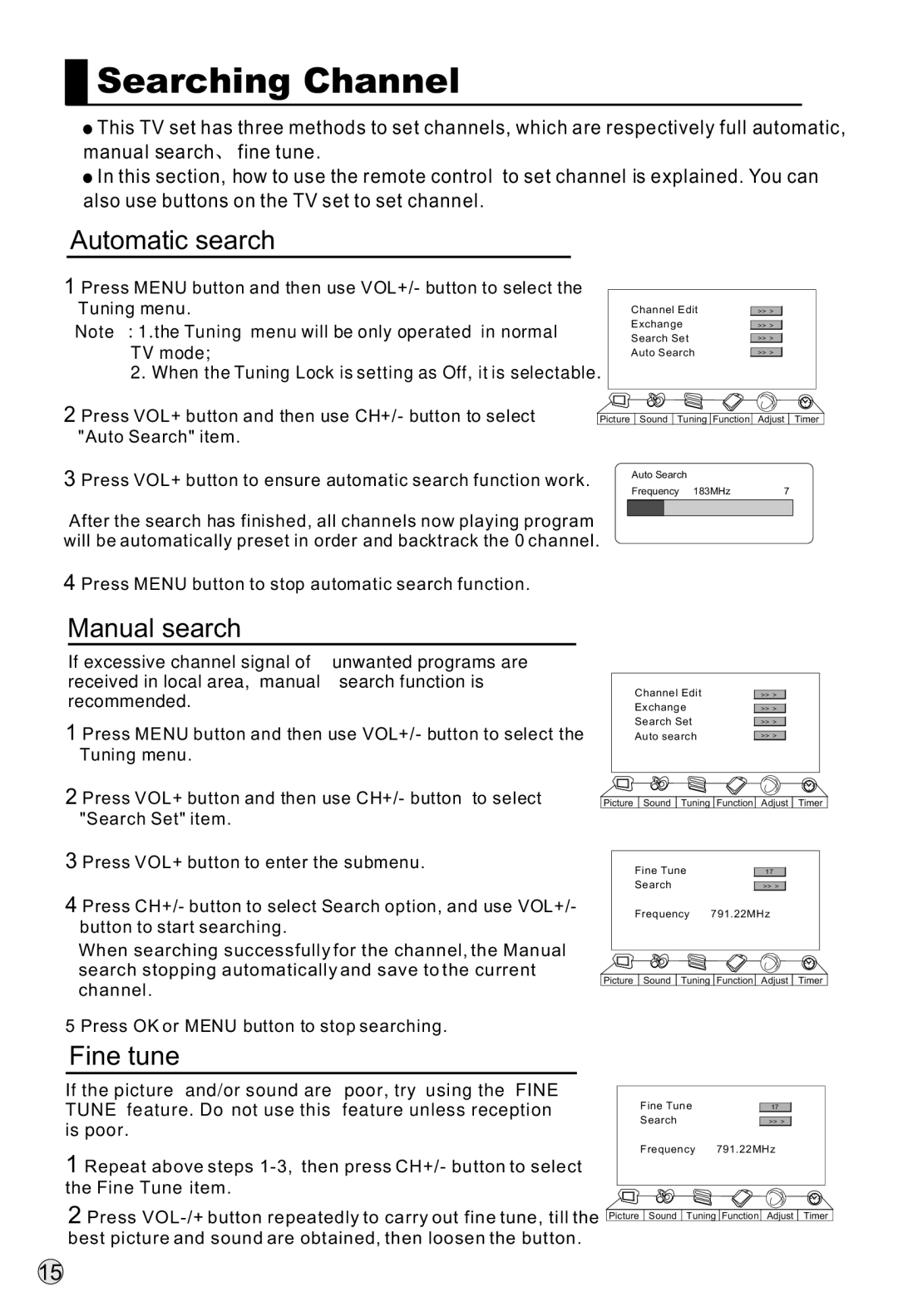 Haier L37A9-AKF owner manual Searching Channel, Automatic search, Manual search, Fine tune, Fine Tune item 