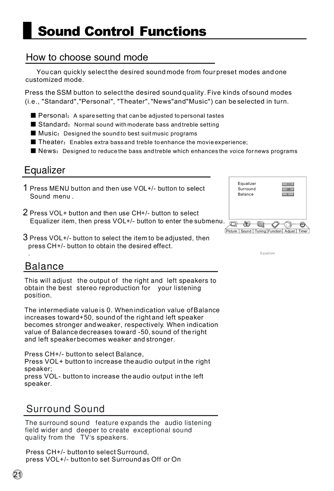 Haier L37A9-AKF owner manual Sound Control Functions, How to choose sound mode, Equalizer, Balance, Surround Sound 