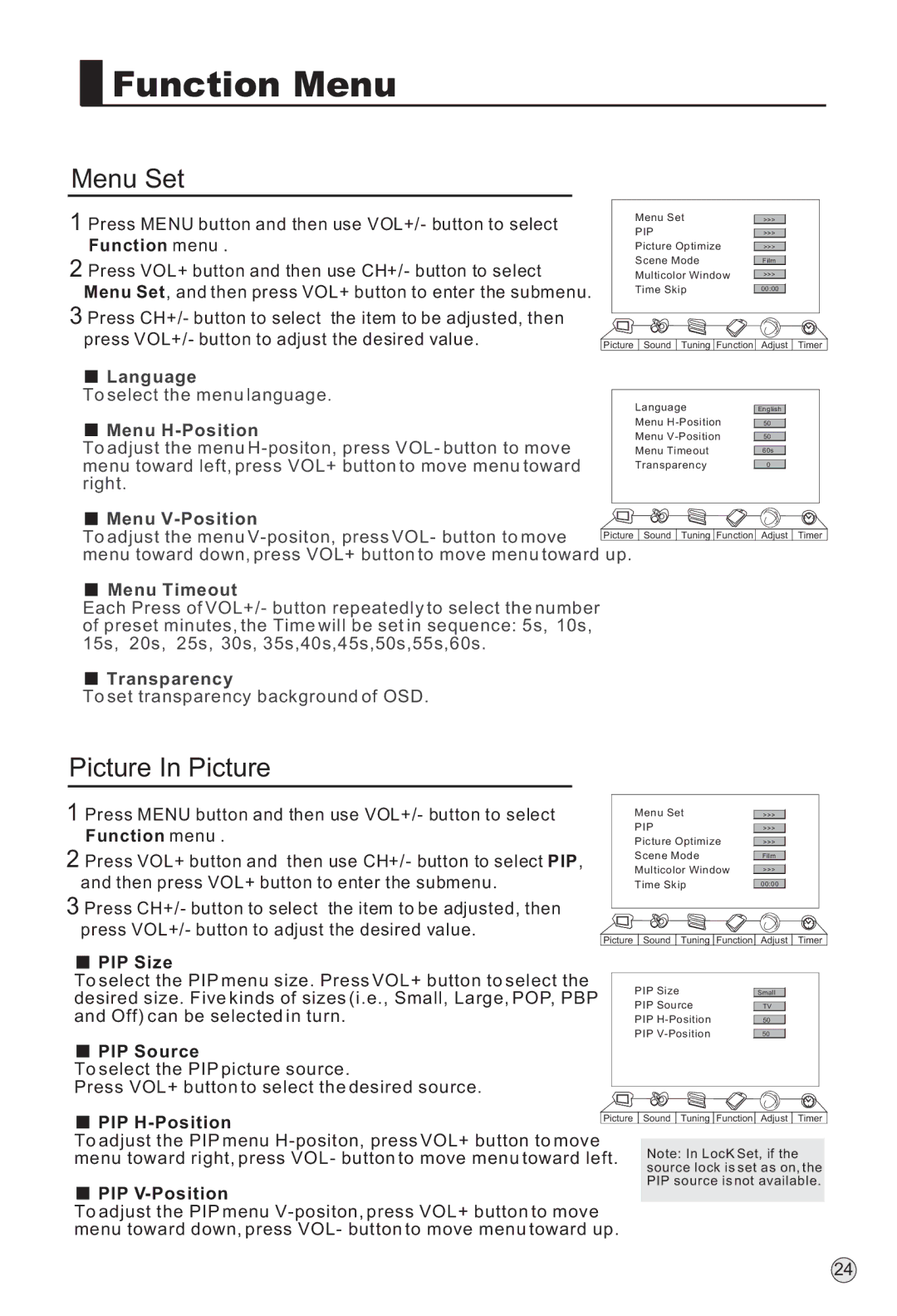 Haier L37A9-AKF owner manual Function Menu, Menu Set, Picture In Picture 