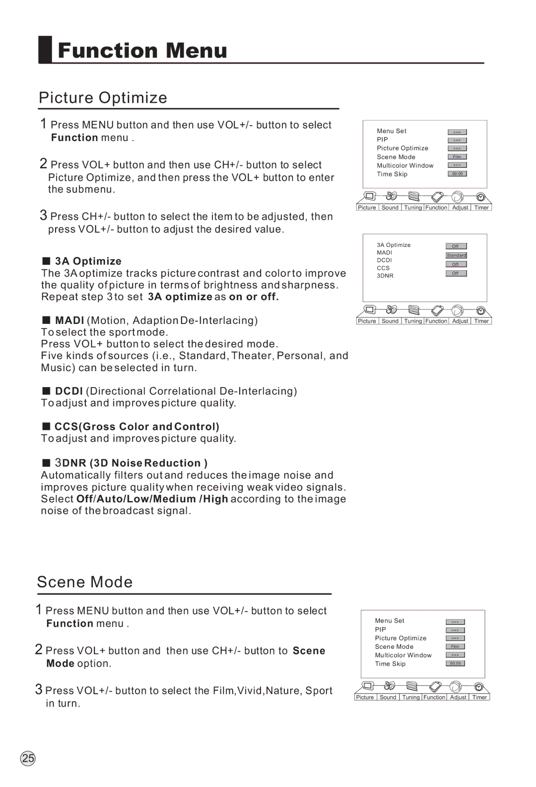 Haier L37A9-AKF owner manual Picture Optimize, Scene Mode, 3A Optimize, CCSGross Color and Control, 3DNR 3D Noise Reduction 