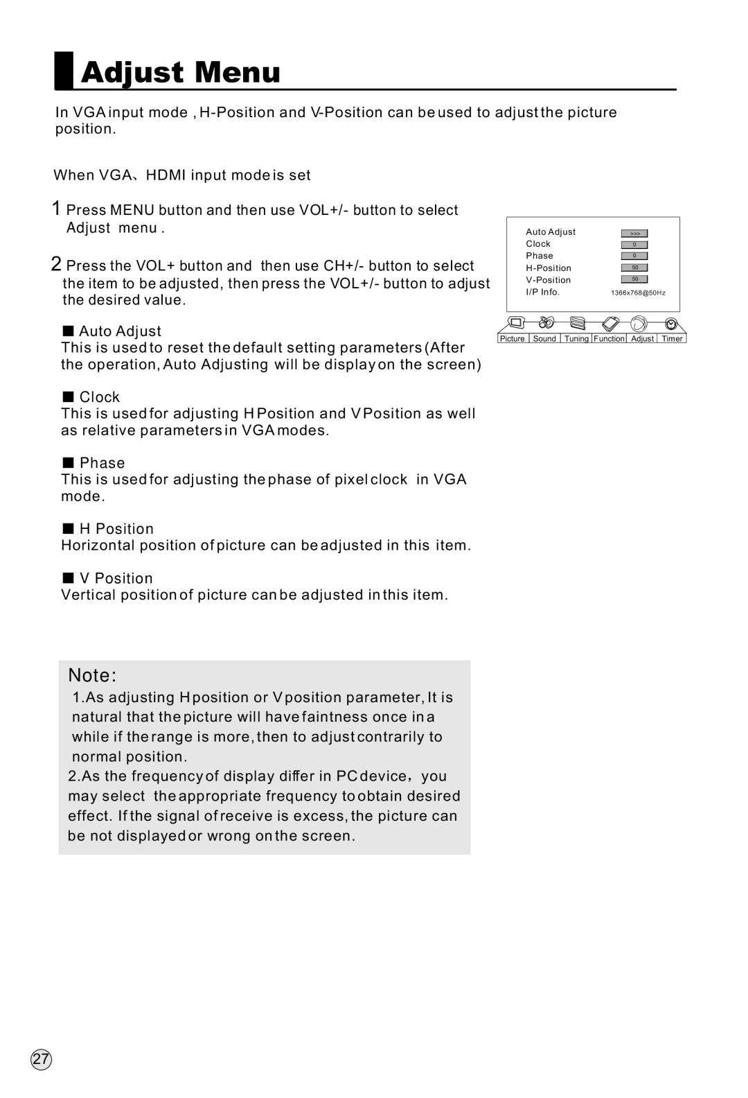 Haier L37A9-AKF owner manual Adjust Menu, Clock, Phase, Position 