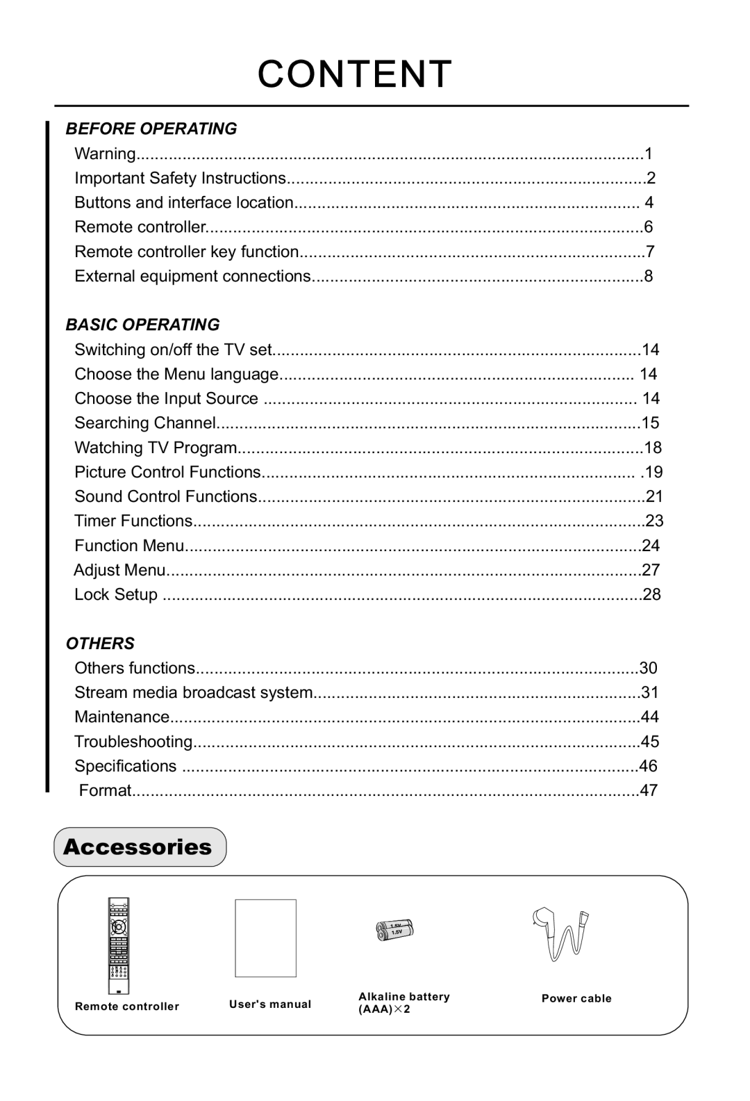 Haier L37A9-AKF owner manual Content, Accessories 