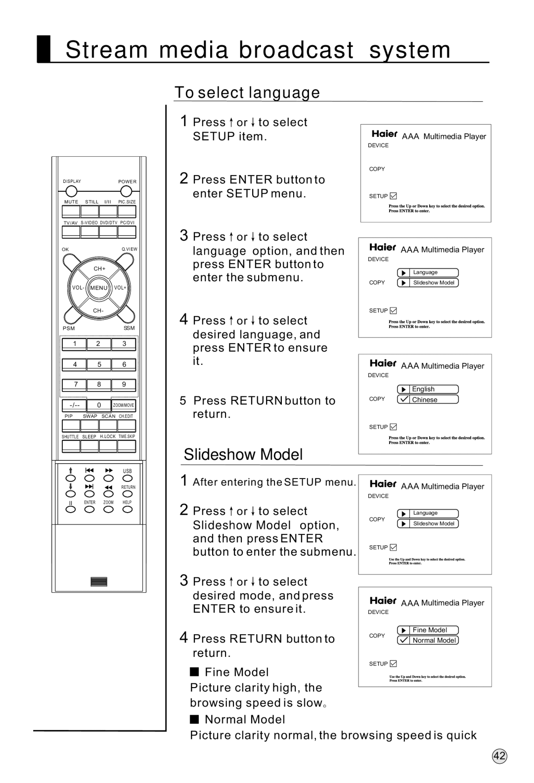 Haier L37A9-AKF owner manual To select language, Slideshow Model option 