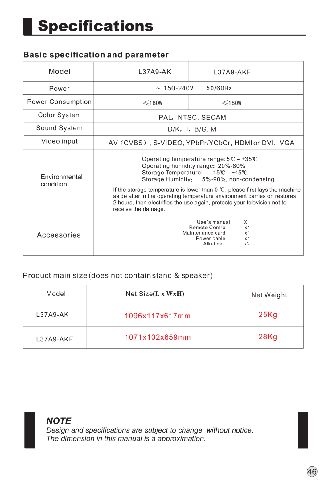 Haier L37A9-AKF owner manual Specifications, Basic specification and parameter 