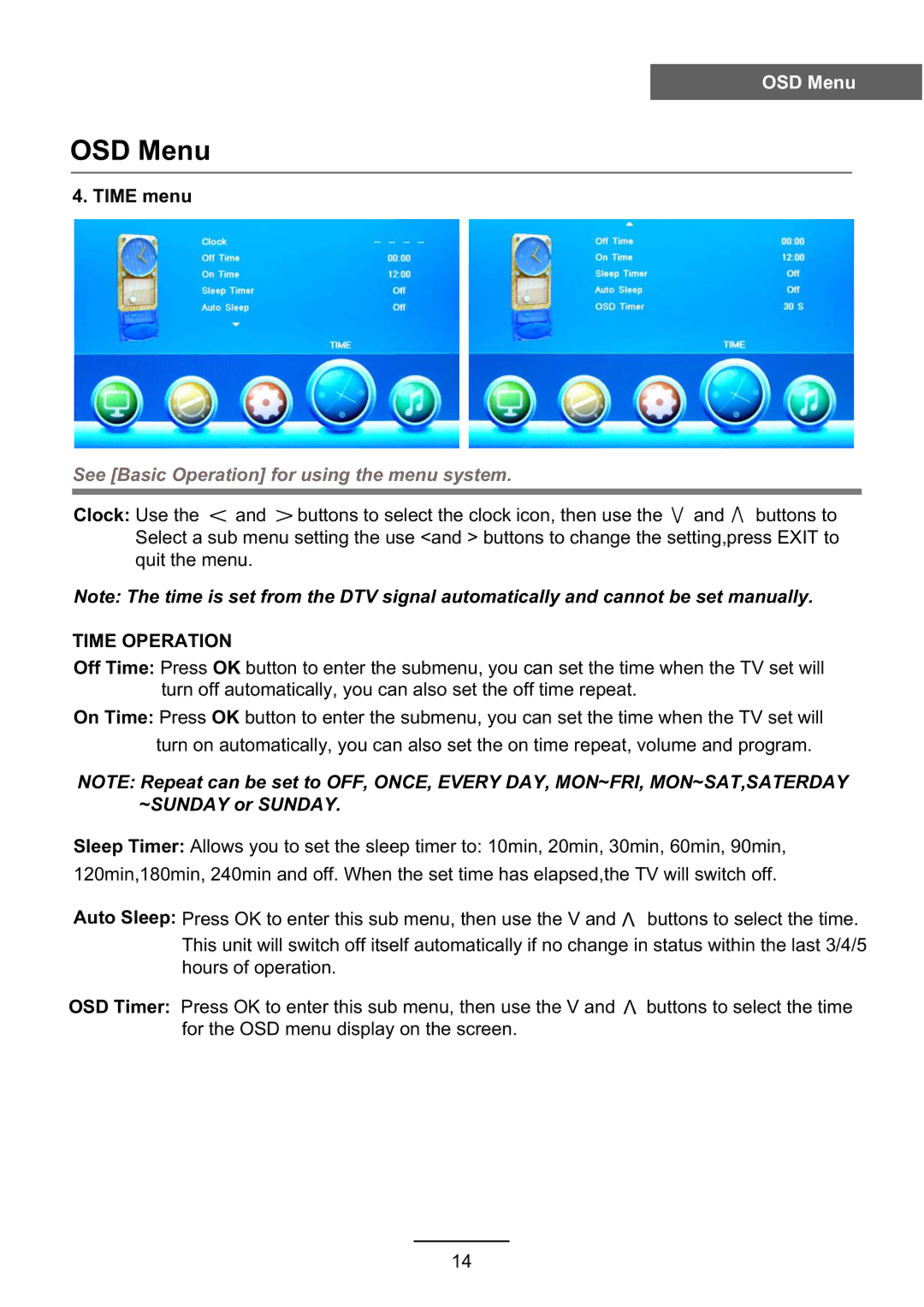 Haier L39Z10A manual Time menu, Time Operation 