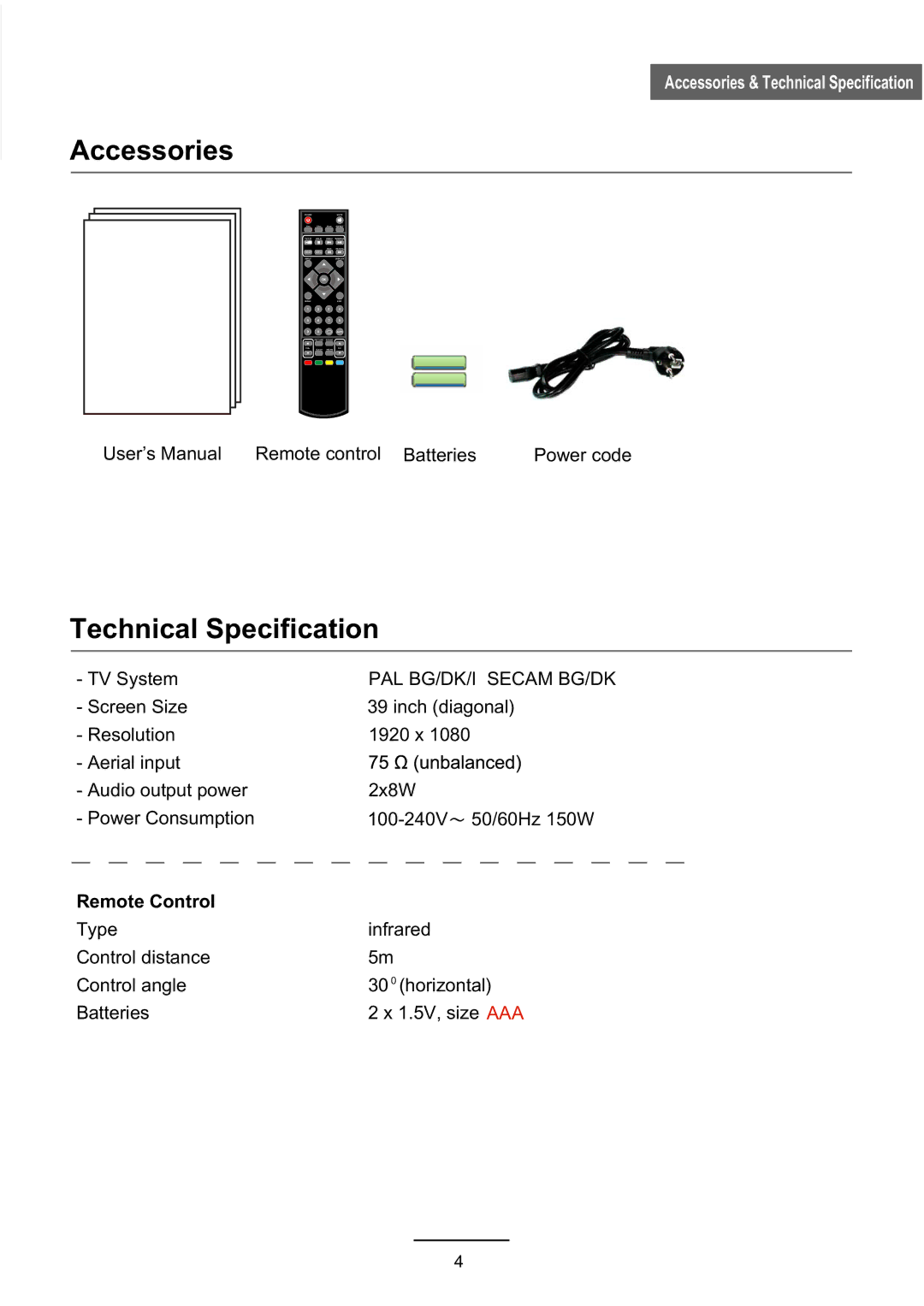 Haier L39Z10A manual Accessories, Technical Specification, Remote Control 