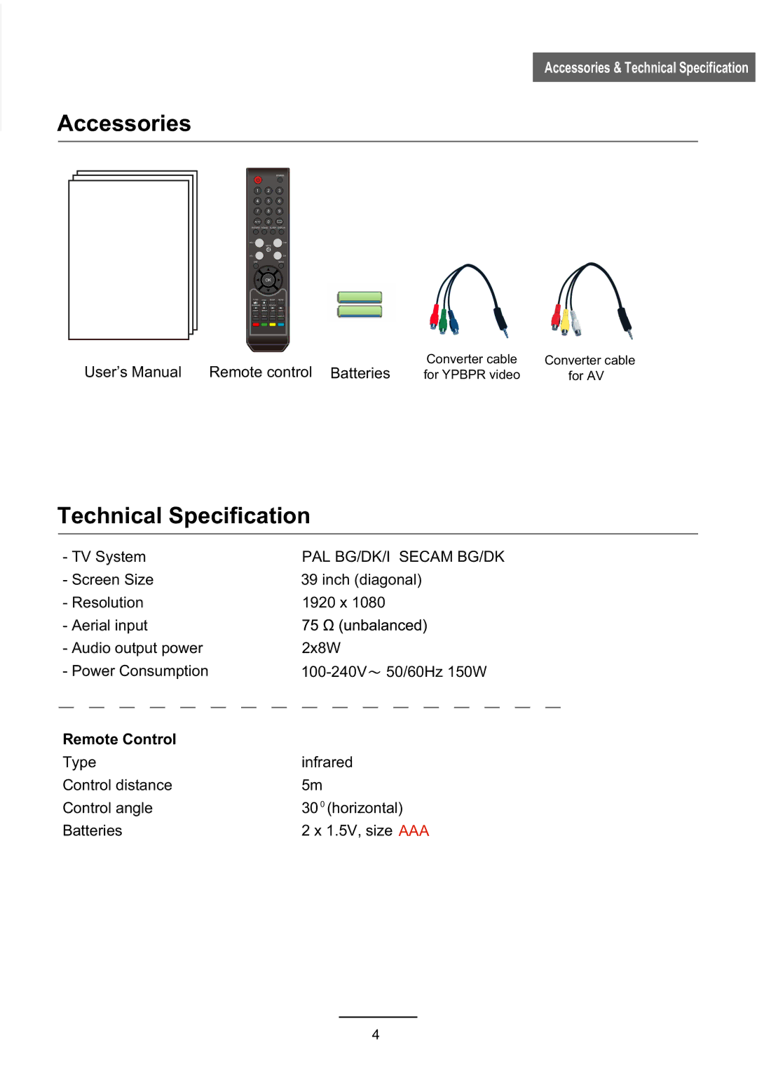 Haier L39Z10A user manual Accessories, Technical Specification, Remote Control 