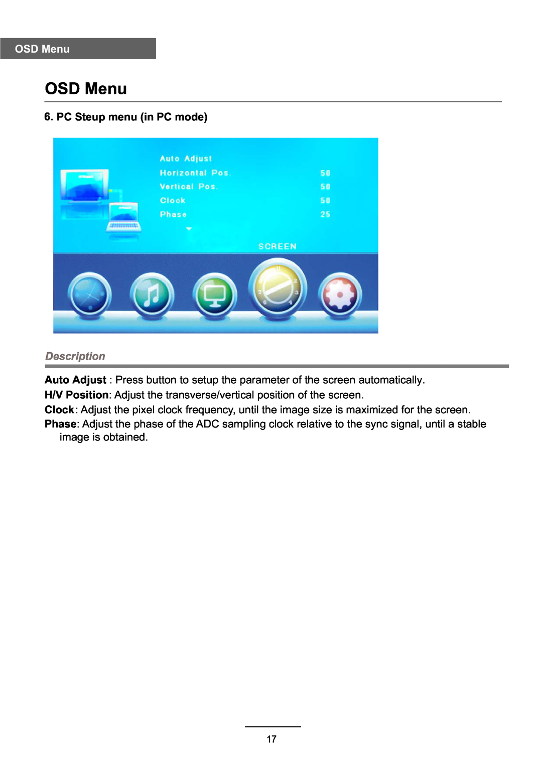 Haier L39Z10A manual OSD Menu, PC Steup menu in PC mode, Description 