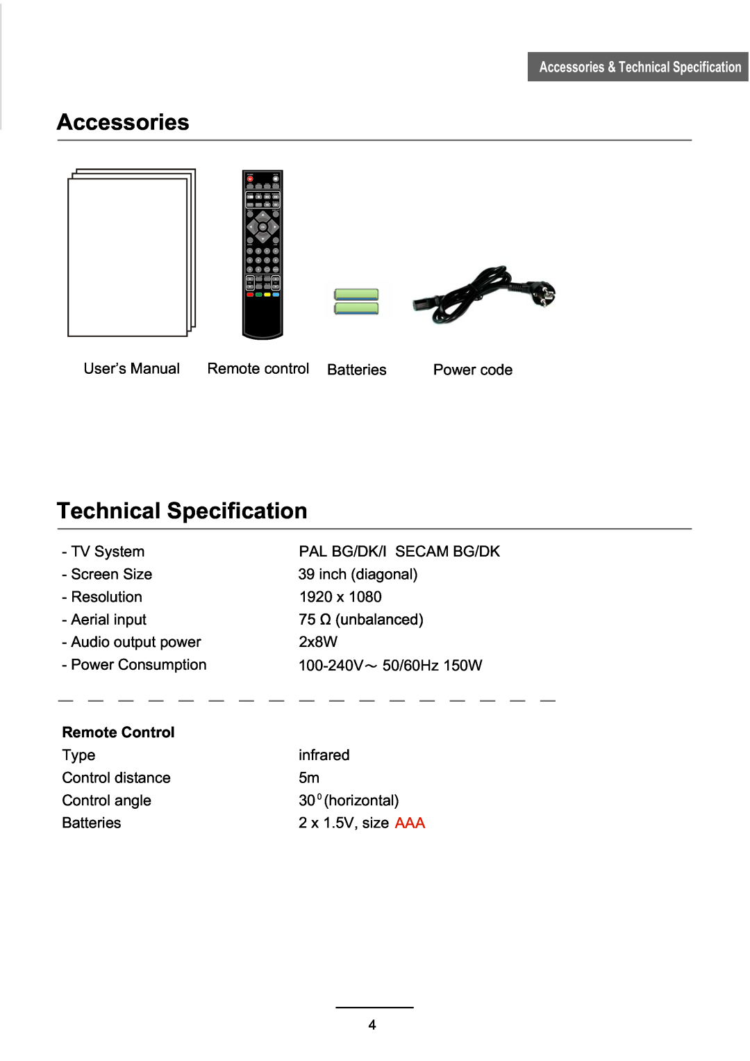 Haier L39Z10A manual Accessories & Technical Specification, Remote Control 